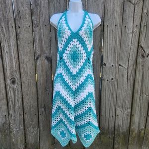 Blue and White Tropical Crochet Dress/Beach Coverup. 💕Size Small